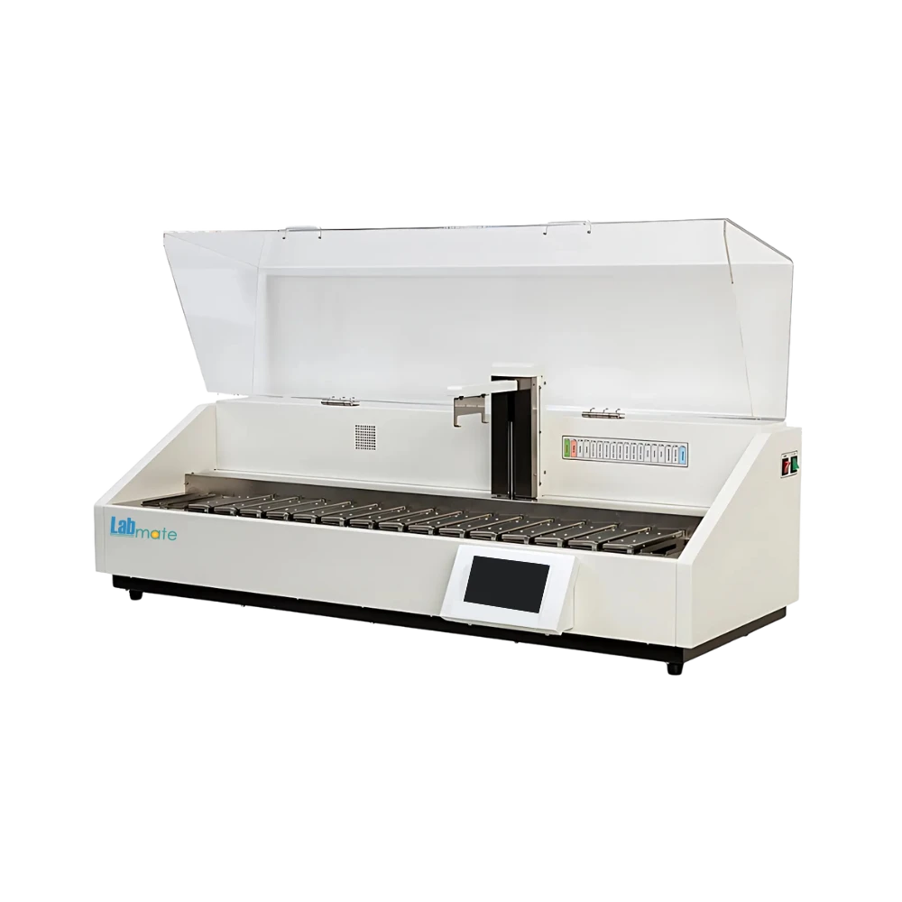 automated hematoxylin and eosin stainer with 18-tank capacity