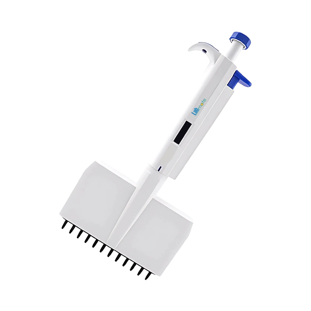 Variable Volume Multi Channel Pipette with rotatable head, visible volume scale, and universal tip design