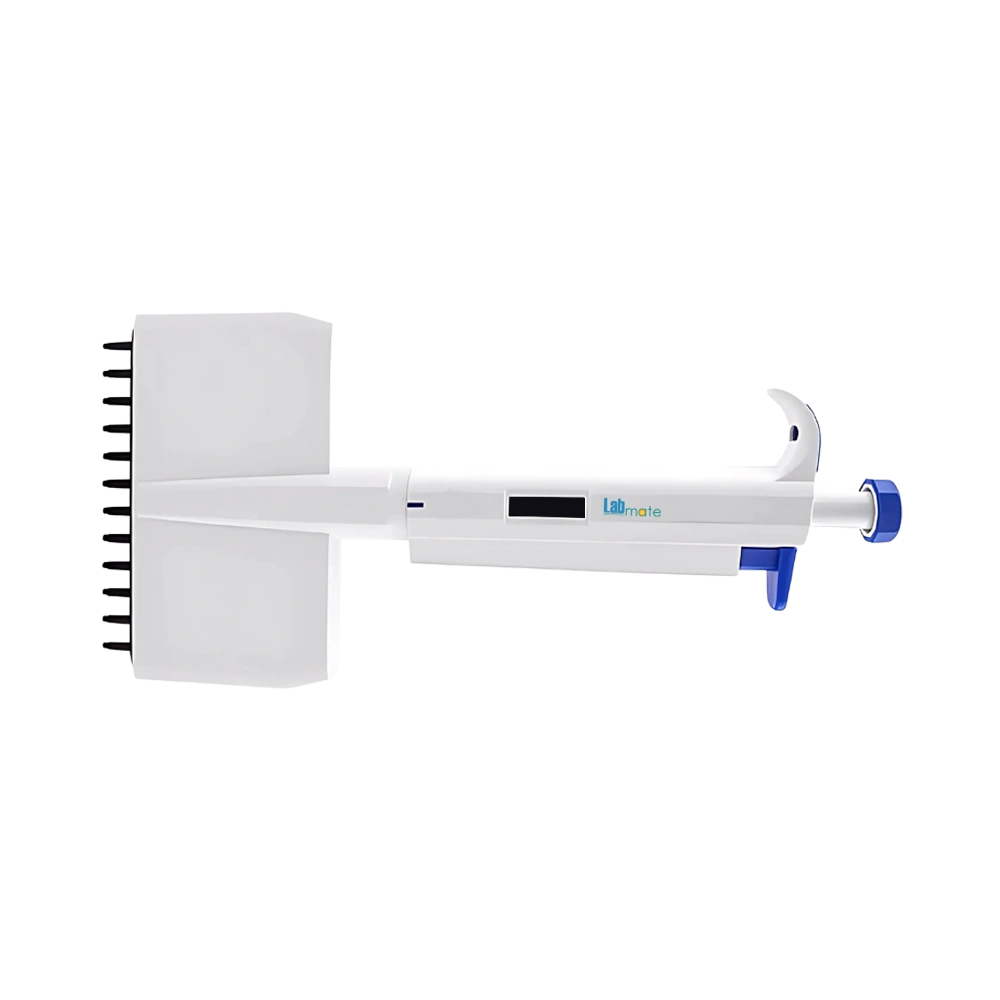 Variable Volume Multi Channel Pipette with rotatable head, visible volume scale, and universal tip design