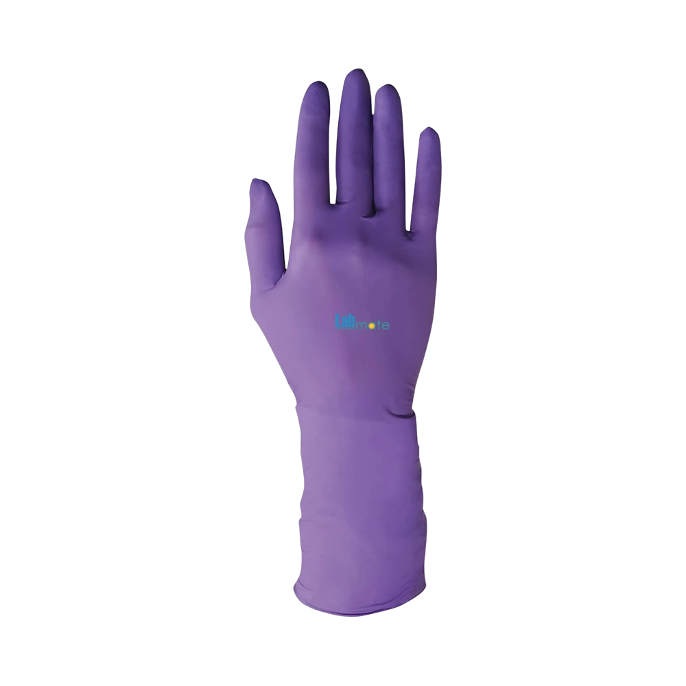 Powder-Free Nitrile Gloves with synthetic latex, beaded cuff, and enhanced grip on palm and fingers
