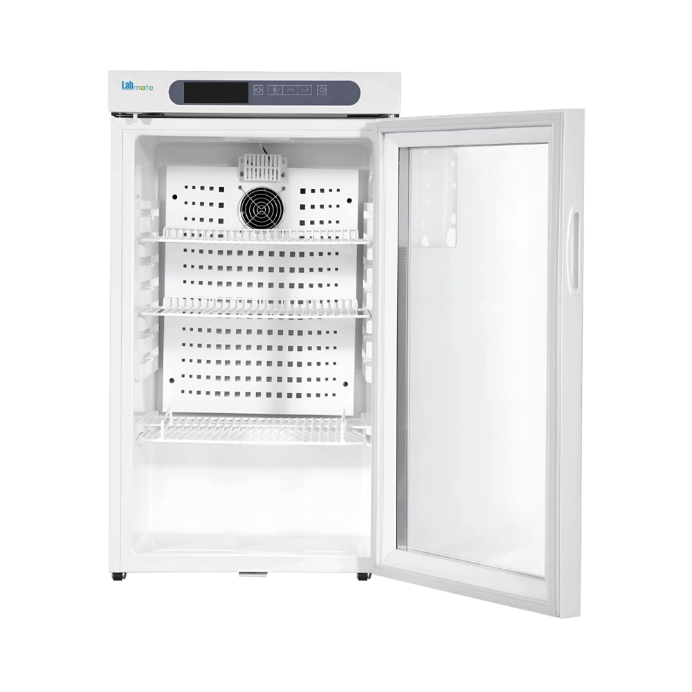 pharmacy refrigerator with LED lighting and glass door