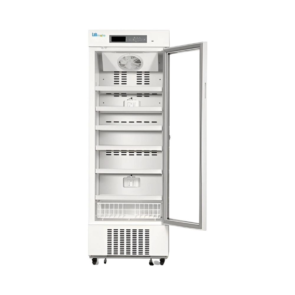 temperature-controlled pharmacy refrigerator with glass door
