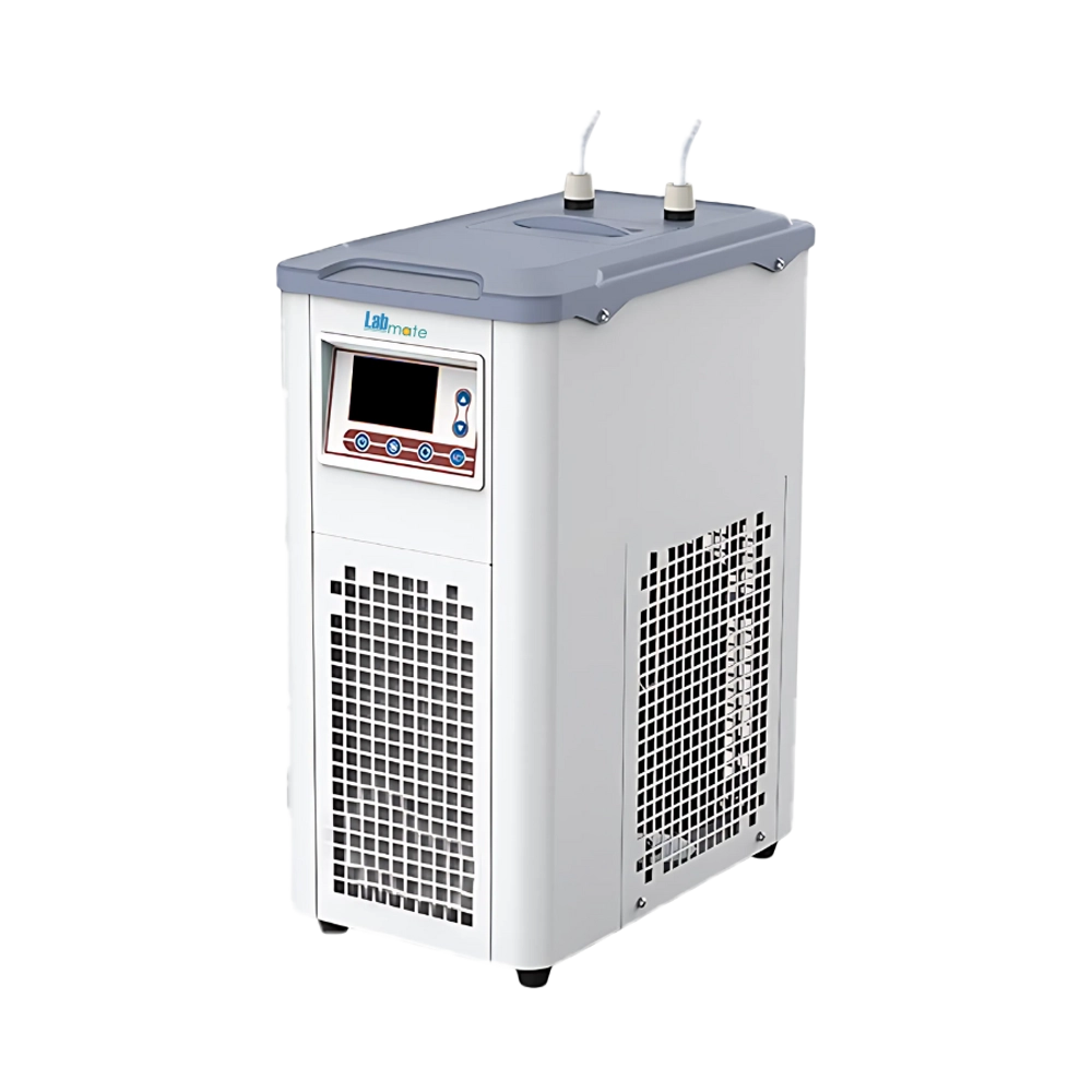 Recirculating Chiller digital temperature display, featuring dual inlet/outlet ports and ventilation grille