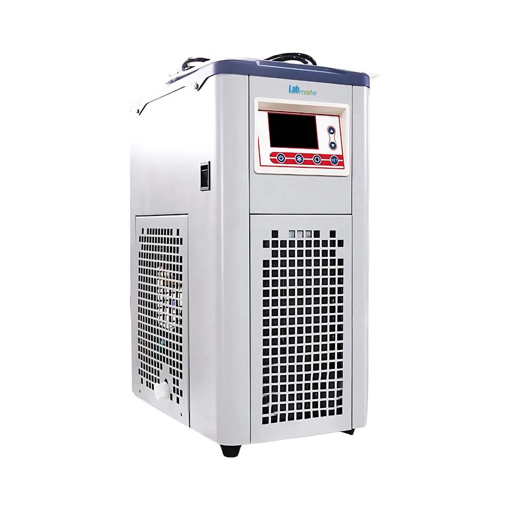 Recirculating Chiller digital temperature display, featuring dual inlet/outlet ports and ventilation grille