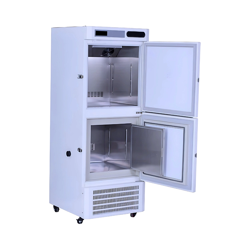 Refrigerator with Freezer with galvanized sheet exterior, stainless steel interior, and caster wheels for easy movement