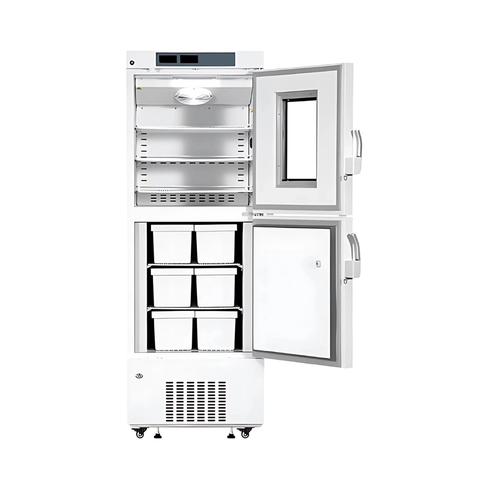 Refrigerator with Freezer, easy-to-read digital display, and caster wheels for mobility