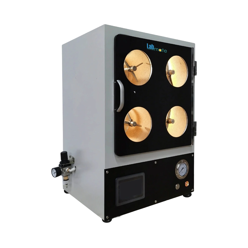 Random Tumble Pilling Tester with rotating cork-lined chambers for testing surface fuzzing in woven, knitted fabric samples
