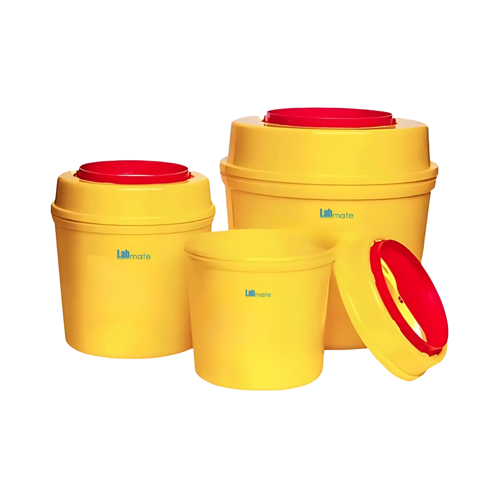 Safety Container with polypropylene body, leak-proof seal, and biohazard warning