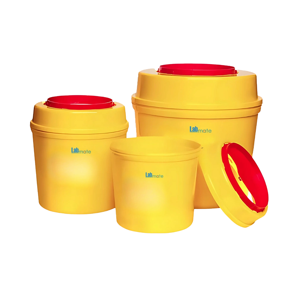 Safety Container with leak-proof, anti-piercing polypropylene body and warning label