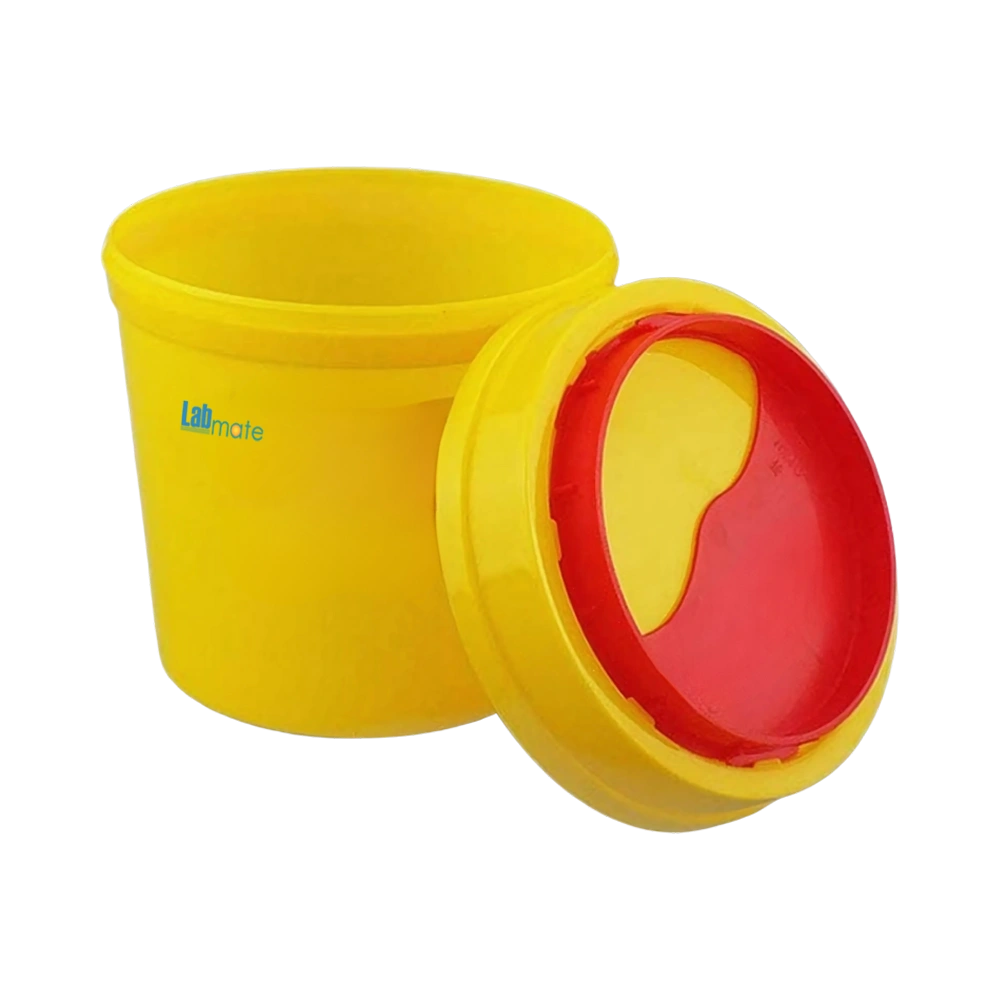 Safety Container with leak-proof, anti-piercing polypropylene body and warning label