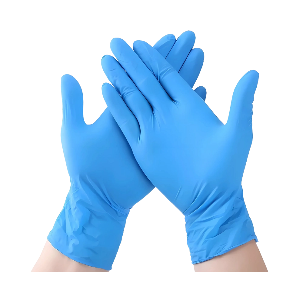 Powder-Free Vinyl Gloves with beaded cuffs, textured palm and fingers, PVC/PU layers, clear and blue